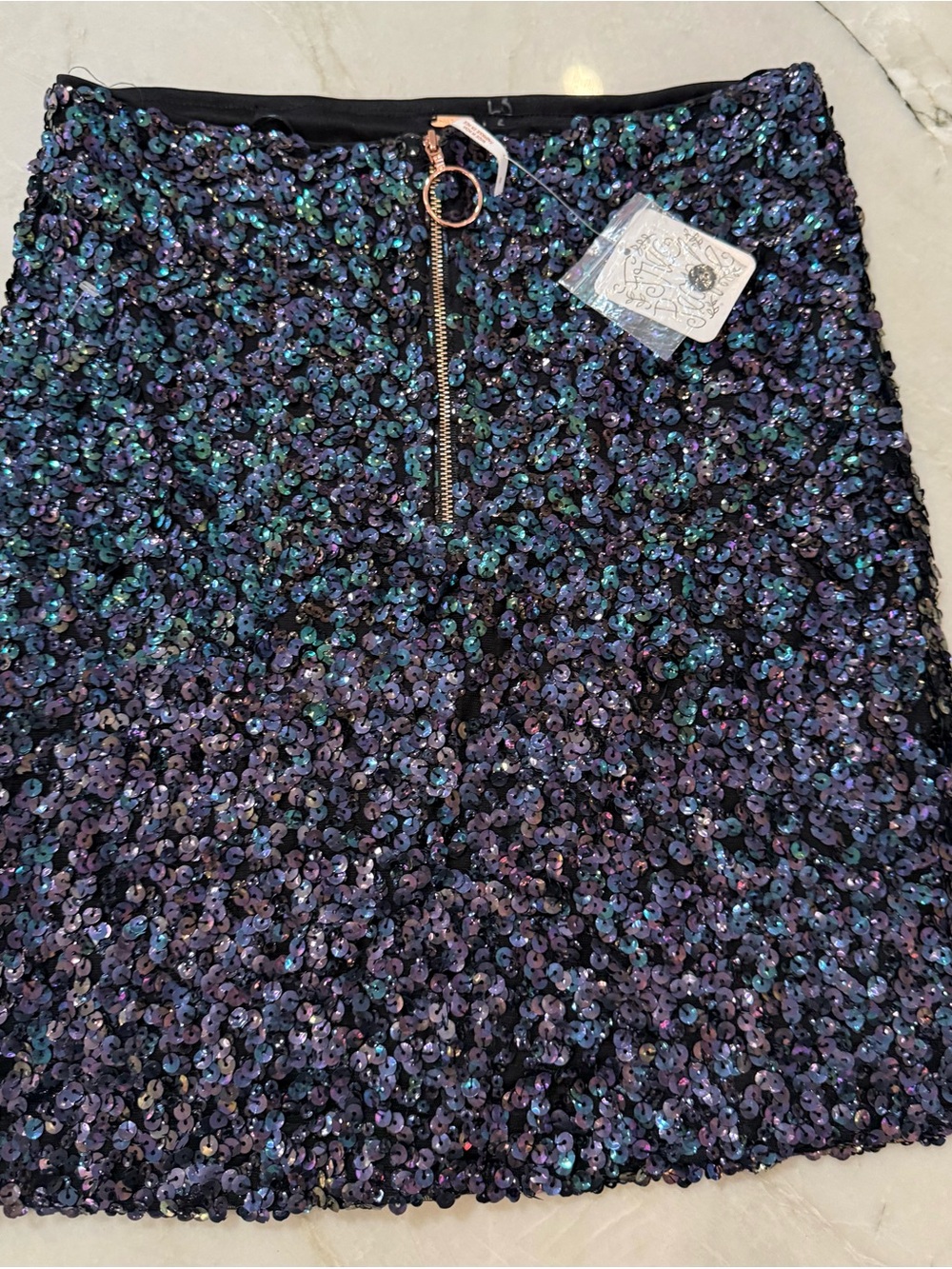 NWT Free People- Black & Purple sequin mini skirt with Gold zip Size 0 (0058)